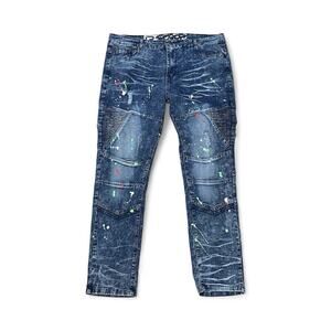 Scoop Men’s Paint Spattered Moto Jeans 38x30 Acid Wash Distressed Biker Denim
